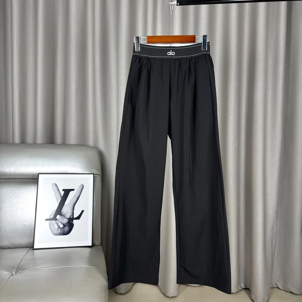 ALO Yoga Black Wide-Leg Lounge Pants with Logo Waistband